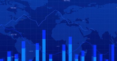 Dünya haritası ve mavi arkaplan üzerindeki şekillerle veri işleme resmi. Küresel iş ve dijital arayüz kavramı, dijital olarak oluşturulmuş görüntü.