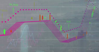Arka plandaki şehre karşı birden fazla grafik ve artan sayıların görüntüsü. Dijital bileşik, çoklu pozlama, rapor, finans, gökdelenler, iş, büyüme ve soyut kavram.