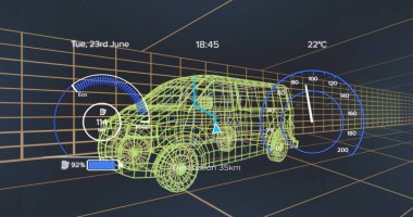 Donanma arkaplanındaki elektrikli minibüs projesinin üzerindeki hız göstergesi. elektrikli arabalar, eko güç, sürdürülebilirlik ve teknoloji konsepti, dijital olarak üretilen görüntü.
