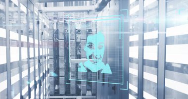 Sunucu odasındaki ışık izlerine karşı çoklu profil simgeleri ve veri işleme resimleri. Küresel ağ ve iş veri depolama teknolojisi kavramı