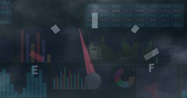 Image of speedometer and statistical data processing against dark clouds in the sky. Automobile engineering and business data technology concept clipart