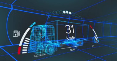 Image of speedometer over electric truck project on navy background. electric cars, eco power, sustainability and technology concept, digitally generated image. clipart