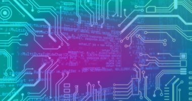 Ön planda mikroişlemci devre kartı olan mavi ve mor gradyan bir arkaplan. Teknoloji ve kimlik; reklam, boş, stüdyo çekimi, illüstrasyon ve soyut kavram gibi kavramlarda kullanılabilir..