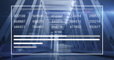 Bilgisayar sunucu odasına karşı veri işleme arayüzünün resmi. Bilgisayar arayüzü ve iş veri depolama teknolojisi kavramı