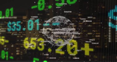 Dünya çapında finansal veri işleme görüntüsü. Küresel finans, iş dünyası, bağlantılar, hesaplama ve veri işleme kavramı, dijital olarak oluşturulmuş resim.