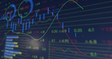 Karanlık arka planda finansal veri işleme resmi. Küresel finans, iş dünyası, bağlantılar, hesaplama ve veri işleme kavramı, dijital olarak oluşturulmuş resim.