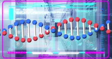 Bilgisayar sunucuları üzerinde DNA iplikçikleri ve veri işleme resimleri. Küresel hesaplama, bilim ve veri işleme kavramı, dijital olarak oluşturulmuş resim.