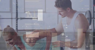 Kadın egzersizlerinin finansal veri işleme kombinasyonu. Küresel spor, egzersiz, veri işleme ve hesaplama kavramı, dijital olarak oluşturulmuş görüntü.