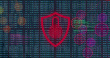 Asma kilit üzerinde veri işleme görüntüsü. Küresel iş ve dijital arayüz kavramı, dijital olarak oluşturulmuş görüntü.