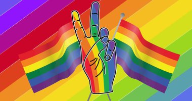 Image of victory hand sign and flags over rainbow background. Pride, lgbtq and equality concept, digitally generated image. clipart