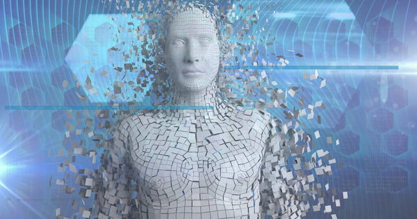 Изображение световых следов и цифрового человека над фигурами на синем фоне. Концепция глобальных технологий, вычислительных технологий и цифрового интерфейса, цифровое изображение.