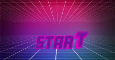 Bir Başlangıç işaretinin dijital canlandırması ekranda yakınlaşırken, arkaplan yukarı doğru hareket eden yeşil kare hatlarını ve galaksiyi gösterir