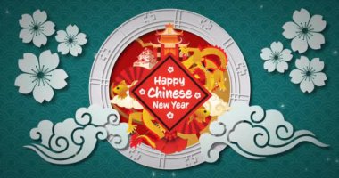 Çin dekorasyonlarının animasyonu. Mutlu Çin Yeni Yılı ve yeşil arka planda ejderhalar. Çin kültürü, gelenek, yeni yıl ve dijital olarak üretilen video konsepti.