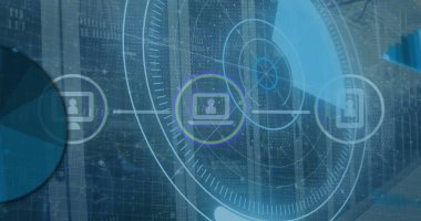 Sunucu odasında simgeler ve veri işleme ile tarama kapsamı resmi. Küresel teknoloji, bilgisayar ve dijital arayüz kavramı, dijital olarak oluşturulmuş resim.