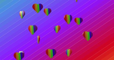 Image of rainbow hearts spinning on gradient striped background. Pride, lgbt and equality concept, digitally generated image. clipart