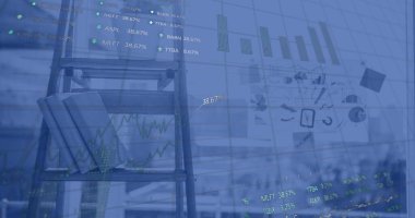 Modern ofis üzerinden finansal veri işleme görüntüsü. Küresel işletme, finans, hesaplama, ağlar ve veri işleme kavramı, dijital olarak oluşturulmuş görüntü.