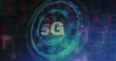 5G metin, dürbün tarama ve veri işleme resimleri. Küresel hesaplama, ağlar ve veri işleme konsepti, dijital olarak oluşturulmuş resim.