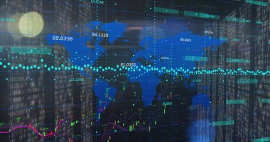 Dünya haritası üzerinde veri işleme resmi. Küresel iş ve dijital arayüz kavramı, dijital olarak oluşturulmuş görüntü.