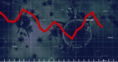Gri zemin üzerinde yüzen covid-19 hücrelerinin istatistiksel veri işleme görüntüsü. Covid-19 salgın hastalık ve iş veri teknolojisi kavramı