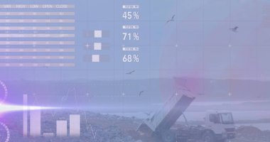 Arazi üzerindeki veri işleme ve istatistiklerin resmi. Küresel sürdürülebilirlik, ekoloji ve atık yönetimi kavramı, dijital olarak oluşturulmuş görüntü.