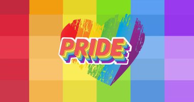 Gurur metni, kalp ve gökkuşağı çizgileri üzerinde. Gurur, lgbt ve eşitlik kavramı, dijital olarak oluşturulmuş görüntü.