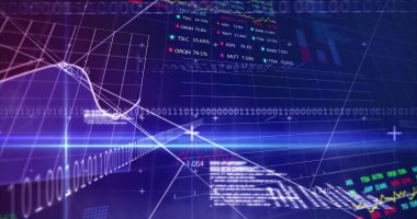 Borsa görüntüsü kırmızı, mavi ve yeşil borsa işaretleri ve grafikleri, borsada yükselen ve düşen fiyat, mavi arkaplanda akan ikili kodlama. 