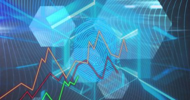 Siyah arkaplandaki şekillerin üzerindeki veri işleme resmi. Küresel teknoloji, bilgisayar ve dijital arayüz kavramı, dijital olarak oluşturulmuş resim.