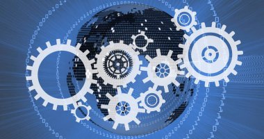 Beyaz dişli tekerlerin ikon görünümü saat yönünde ve saat yönünün tersine döner dünya küresi ve arka planda ikili kodlar