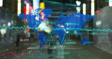 Dünya haritası üzerinde veri işleme resmi. Küresel iş ve dijital arayüz kavramı, dijital olarak oluşturulmuş görüntü.