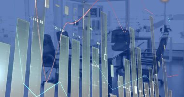 Modern ofis üzerinde istatistik ve finansal veri işleme görüntüsü. Küresel işletme, finans, hesaplama, ağlar ve veri işleme kavramı, dijital olarak oluşturulmuş görüntü.