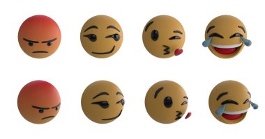 Beyaz arkaplan 4k üzerindeki sekiz emoji simgesinin resmi