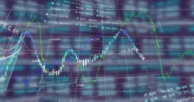 Mavi arka planda finansal ve borsa veri işleme görüntüsü. Küresel finans ve iş teknolojisi kavramı