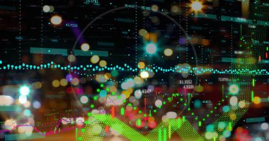 Şehrin veri işleme görüntüsü. Küresel iş ve dijital arayüz kavramı, dijital olarak oluşturulmuş görüntü.
