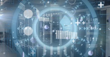 Sunucu odasında veri işleme ile tarama kapsamı resmi. Küresel teknoloji, bilgisayar ve dijital arayüz kavramı, dijital olarak oluşturulmuş resim.