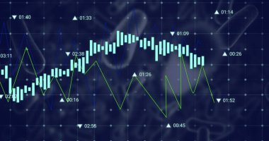 Mavi arka planda yüzen kan damarları üzerinde işlenen finansal veri görüntüsü. Tıbbi araştırma ve iş teknolojisi kavramı