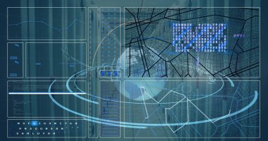 Sunucu odasındaki dünya ve veri işleme ile tarama kapsamı resmi. Küresel teknoloji, bilgisayar ve dijital arayüz kavramı, dijital olarak oluşturulmuş resim.