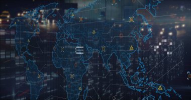 Dünya haritası üzerinde veri işleme resmi. Küresel iş ve dijital arayüz kavramı, dijital olarak oluşturulmuş görüntü.