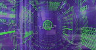 Sunucu odasında qr kodlu veri işleme resmi. Küresel teknoloji, bilgisayar ve dijital arayüz kavramı, dijital olarak oluşturulmuş resim.