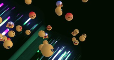 Değişik ifadelere sahip Emojiler karanlıkta renkli ışık çizgileri arasında süzülür. Her bir emoji, mutluluktan öfkeye, canlı bir atmosfer oluşturan bir dizi duyguyu temsil eder.