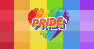 Gurur metni, kalp ve gökkuşağı çizgileri üzerinde. Gurur, lgbt ve eşitlik kavramı, dijital olarak oluşturulmuş görüntü.