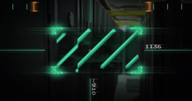 Arkaplanda sunucu odasına karşı numaralarını değiştiren görüş açısında satırların görüntüsü. Dijital bileşik, çoklu pozlama, büyüme, rakamlar, şekil, ağ, teknoloji ve ağ sunucusu.