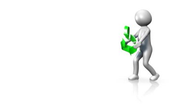 3D Adam geri dönüşüm işaretini kameraya gösteriyor