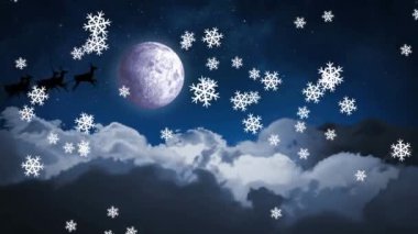 Gece animasyonu kış manzarası, düşen kar taneleri ve Noel Baba ren geyikleri tarafından çekiliyor.