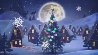 Kış manzarası animasyonu, ay ve Noel Baba ile birlikte koyu mavi arka planda düşen kar taneleri ren geyikleri tarafından çekilen kızak. Noel kutlaması konsepti, dijital olarak oluşturulmuş görüntü.