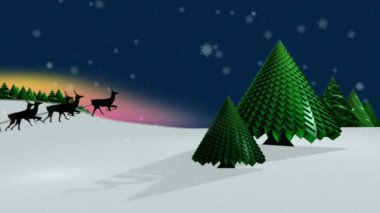 Kış manzarasının animasyonu, koyu mavi arka planda düşen kar taneleri ve Noel Baba ren geyikleri tarafından çekiliyor.