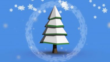 Kış manzarası animasyonu, ortada noel ağacı, mavi zemine düşen yıldızlar ve kar taneleri. Noel kutlaması konsepti, dijital olarak oluşturulmuş görüntü.