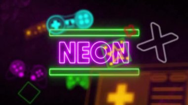 Siyah arkaplanda neon metin ve oyun simgelerinin animasyonu. Oyun, şekiller ve dijital arayüz konsepti dijital olarak oluşturulmuş video.