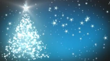 Kış manzarası animasyonu, düşen kar taneleri, koyu mavi arka planda dönen Noel ağacı. Arka plan buz gibi. Noel kutlaması konsepti, dijital olarak oluşturulmuş görüntü.