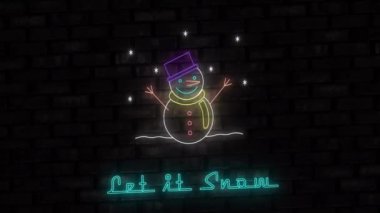 Neon Kardan Adam 'ın üzerine kar yağması animasyonu. Noel, kutlama ve dijital arayüz kavramı dijital olarak oluşturulmuş video.