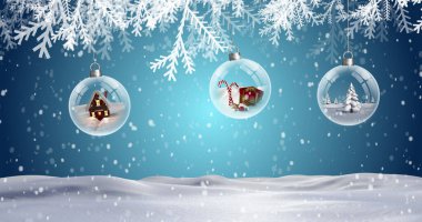 Kış manzarasına düşen kar üzerindeki köknar ağacı ve mücevherler. Noel, gelenek ve kutlama konsepti dijital olarak oluşturuldu.
